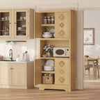 Mobile dispensa da cucina, armadio contenitore alto 182 cm con piano di lavoro, credenza indipendente in legno con anta intagliata e maniglia in cristallo, per sala da pranzo