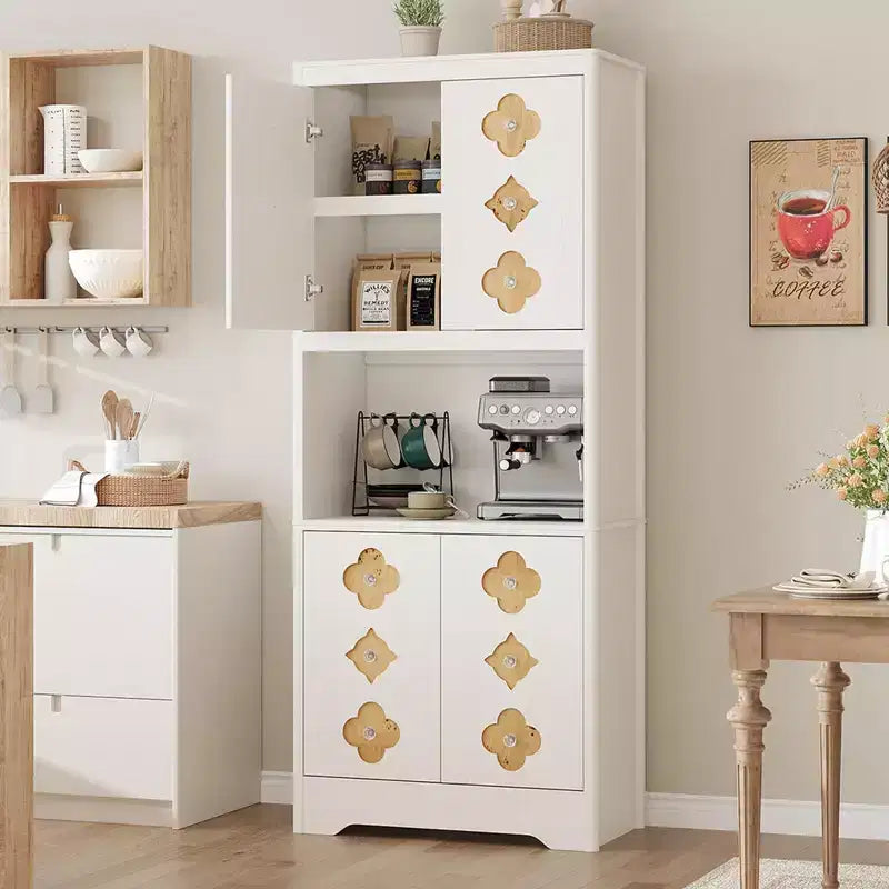 Mobile dispensa da cucina, armadio contenitore alto 182 cm con piano di lavoro, credenza indipendente in legno con anta intagliata e maniglia in cristallo, per sala da pranzo