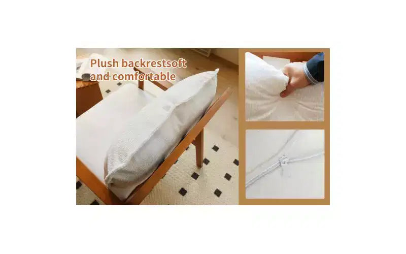 Poltrona di design moderno con struttura in legno massello e cuscino in tessuto felpato, seduta versatile per soggiorno, camera da letto