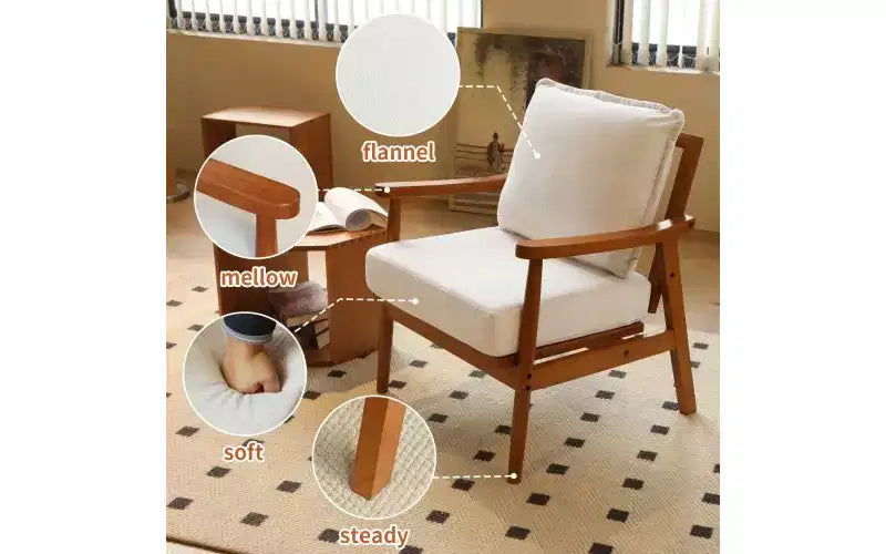 Poltrona di design moderno con struttura in legno massello e cuscino in tessuto felpato, seduta versatile per soggiorno, camera da letto
