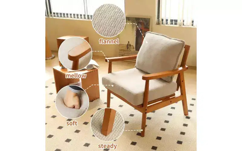 Poltrona di design moderno con struttura in legno massello e cuscino in tessuto felpato, seduta versatile per soggiorno, camera da letto