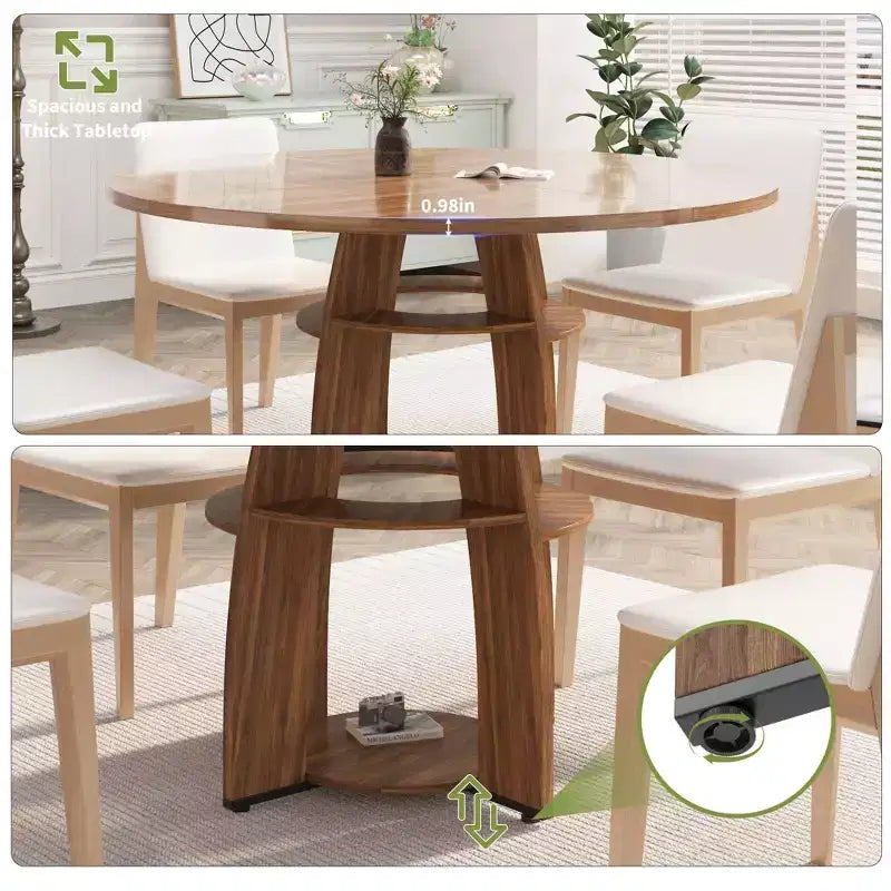 Tavolo da pranzo rotondo Farmhouse 47 per 4-6 persone, tavolo da cucina in legno con ripiano portaoggetti e piedini regolabili, facile montaggio per sala da pranzo, soggiorno, appartamento