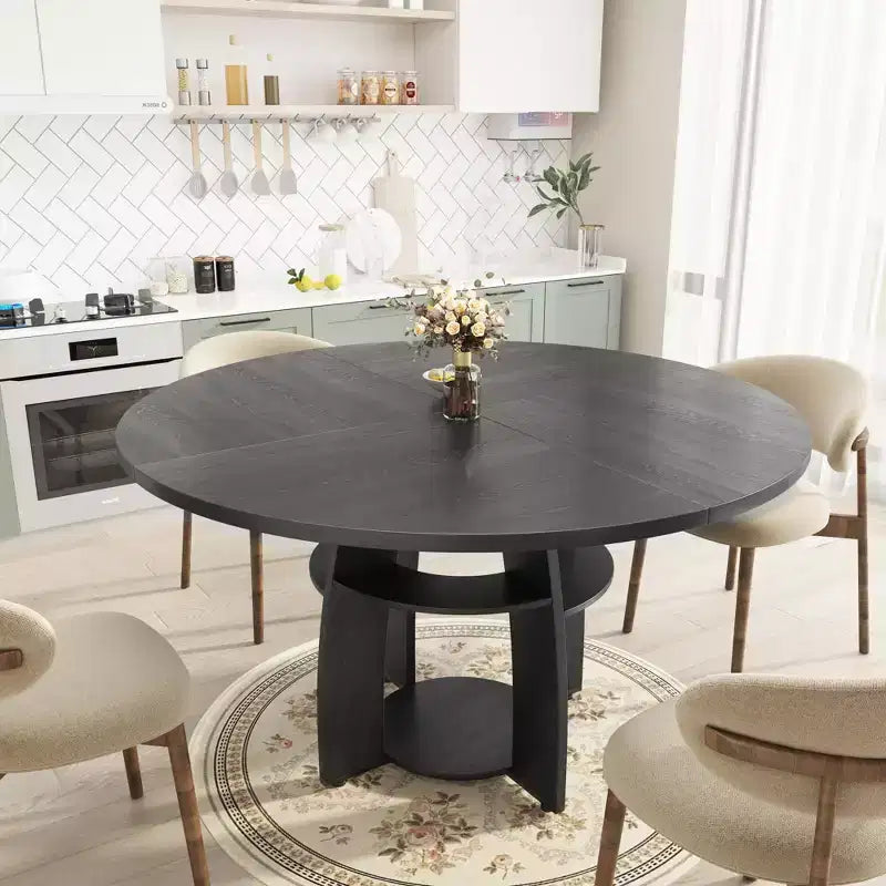 Tavolo da pranzo rotondo Farmhouse 47 per 4-6 persone, tavolo da cucina in legno con ripiano portaoggetti e piedini regolabili, facile montaggio per sala da pranzo, soggiorno, appartamento