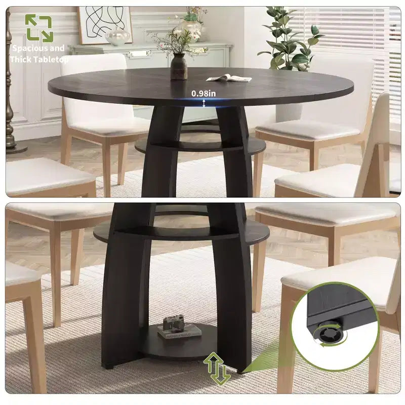 Tavolo da pranzo rotondo Farmhouse 47 per 4-6 persone, tavolo da cucina in legno con ripiano portaoggetti e piedini regolabili, facile montaggio per sala da pranzo, soggiorno, appartamento