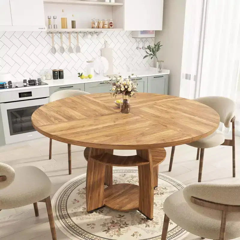 Tavolo da pranzo rotondo Farmhouse 47 per 4-6 persone, tavolo da cucina in legno con ripiano portaoggetti e piedini regolabili, facile montaggio per sala da pranzo, soggiorno, appartamento