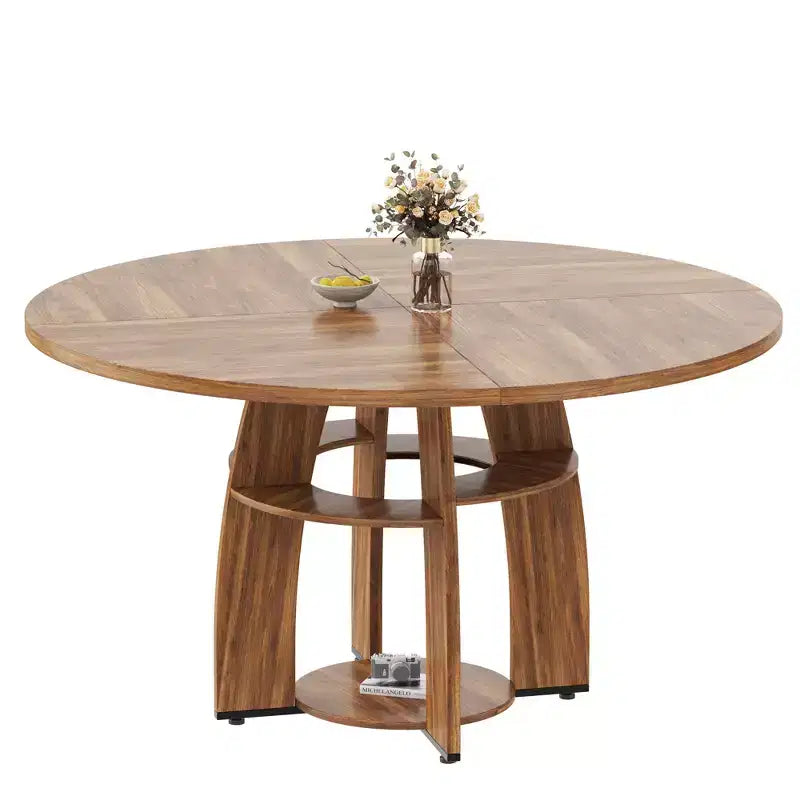 Tavolo da pranzo rotondo Farmhouse 47 per 4-6 persone, tavolo da cucina in legno con ripiano portaoggetti e piedini regolabili, facile montaggio per sala da pranzo, soggiorno, appartamento