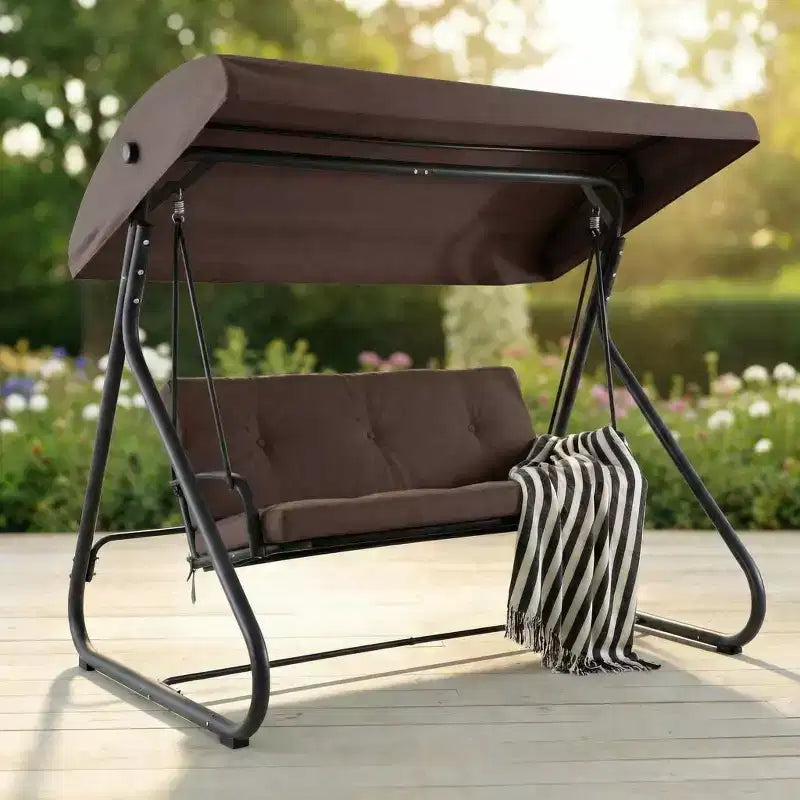 Dondolo Trasformabile a 3 Posti per Esterni, Tettuccio Regolabile, Telaio in Metallo Resistente, Capacità di Carico 340 kg, Cuscini Rimovibili, per Patio, Giardino