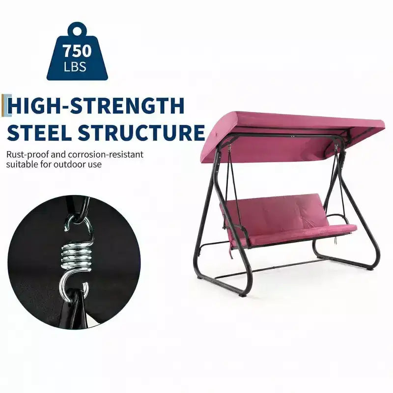 Dondolo Trasformabile a 3 Posti per Esterni, Tettuccio Regolabile, Telaio in Metallo Resistente, Capacità di Carico 340 kg, Cuscini Rimovibili, per Patio, Giardino