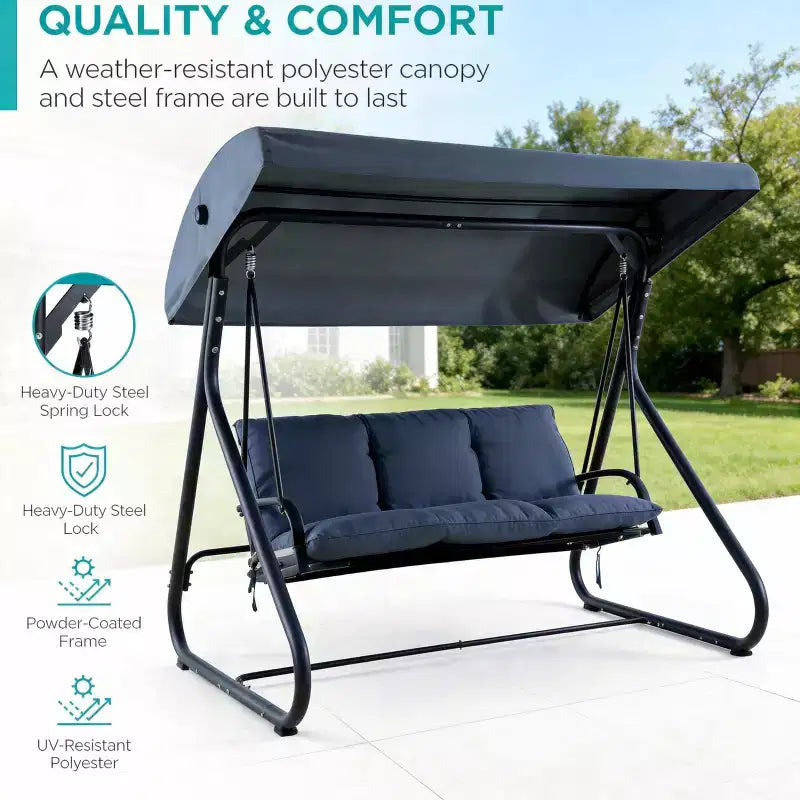 Dondolo Trasformabile a 3 Posti per Esterni, Tettuccio Regolabile, Telaio in Metallo Resistente, Capacità di Carico 340 kg, Cuscini Rimovibili, per Patio, Giardino