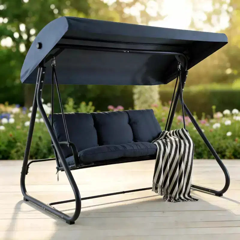 Dondolo Trasformabile a 3 Posti per Esterni, Tettuccio Regolabile, Telaio in Metallo Resistente, Capacità di Carico 340 kg, Cuscini Rimovibili, per Patio, Giardino