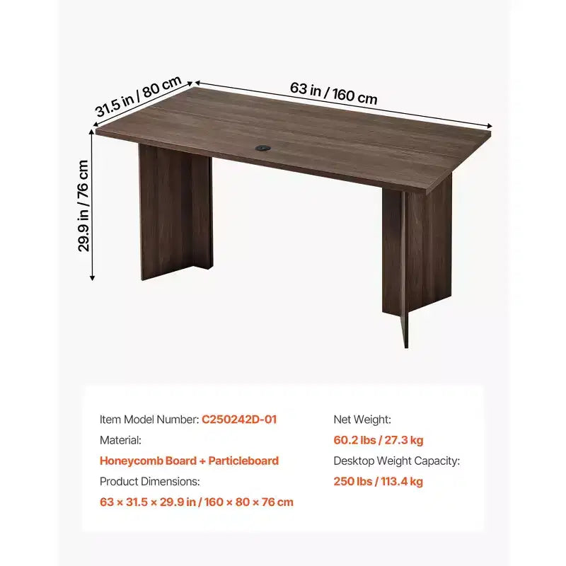 Scrivania direzionale VEVOR da 160 cm, grande tavolo moderno rettangolare da ufficio, tavolo direzionale in legno con foro passacavi, capacità di carico di 113 kg, marrone
