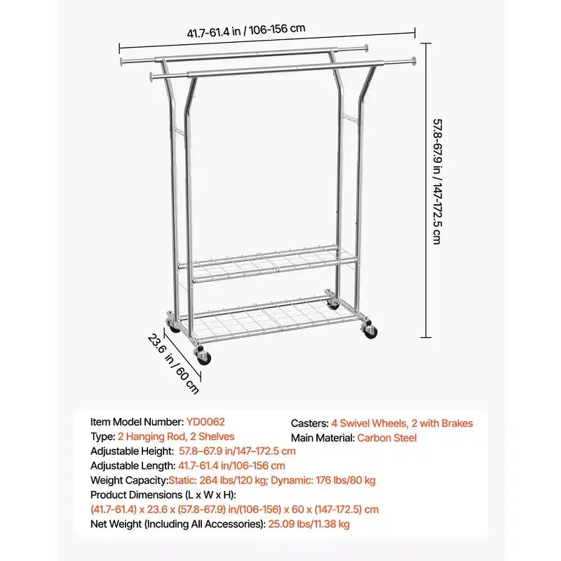 VEVOR Appendiabiti, Appendiabiti Rotante con 2 Aste Appendiabiti e 2 Ripiani Portaoggetti, Capacità di Carico 120 kg, Argento