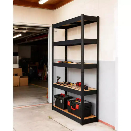 Scaffale da garage a 5 ripiani in acciaio con struttura in acciaio al carbonio e pannelli in MDF, 180 kg per ripiano, scaffale portaoggetti regolabile per cantina e dispensa