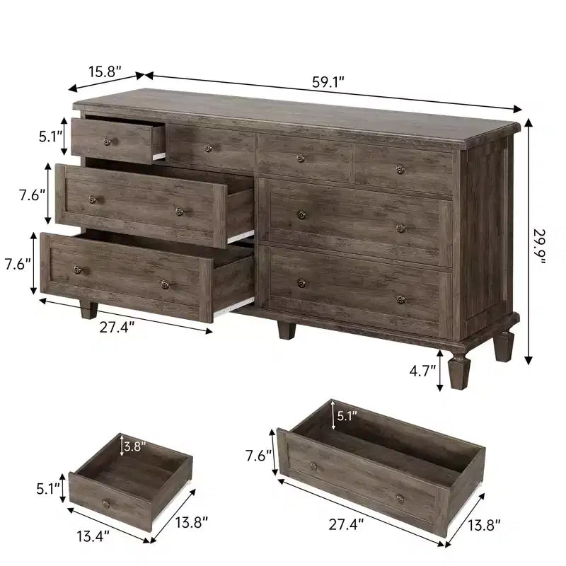Cassettiera vintage a 8 cassetti, mobile TV da 59 pollici per camera da letto con maniglie intagliate, gambe coniche in legno, cassettiera in legno di grande capacità
