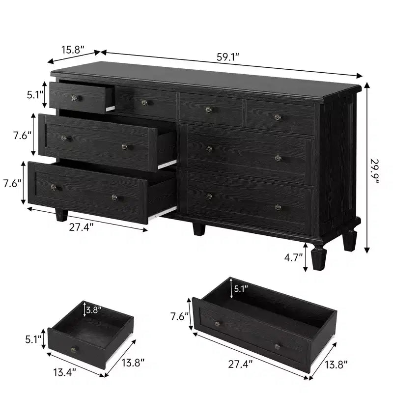 Cassettiera vintage a 8 cassetti, mobile TV da 59 pollici per camera da letto con maniglie intagliate, gambe coniche in legno, cassettiera in legno di grande capacità