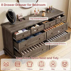 Cassettiera vintage a 8 cassetti, mobile TV da 59 pollici per camera da letto con maniglie intagliate, gambe coniche in legno, cassettiera in legno di grande capacità