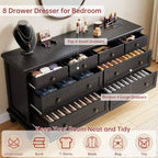 Cassettiera vintage a 8 cassetti, mobile TV da 59 pollici per camera da letto con maniglie intagliate, gambe coniche in legno, cassettiera in legno di grande capacità