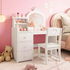 2-in-1 Girls Vanity Table & Study Desk with Lights & Mirror  Kids Wooden Makeup Vanity Set with Storage Shelves, Drawers&Chair, Perfect for Dressing