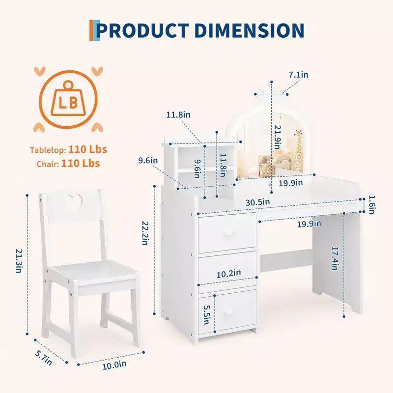 Tavolino da trucco e studio 2 in 1 per bambine con luci e specchio, set toletta in legno per bambini con ripiani, cassetti e sedia, perfetto per il travestimento