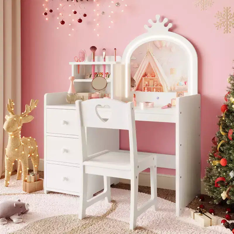 Tavolino da trucco e studio 2 in 1 per bambine con luci e specchio, set toletta in legno per bambini con ripiani, cassetti e sedia, perfetto per il travestimento