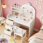 Tavolino da trucco e studio 2 in 1 per bambine con luci e specchio, set toletta in legno per bambini con ripiani, cassetti e sedia, perfetto per il travestimento
