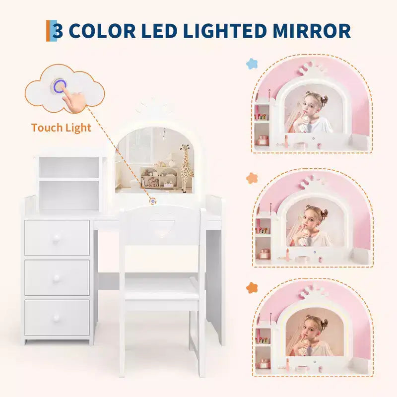 Tavolino da trucco e studio 2 in 1 per bambine con luci e specchio, set toletta in legno per bambini con ripiani, cassetti e sedia, perfetto per il travestimento