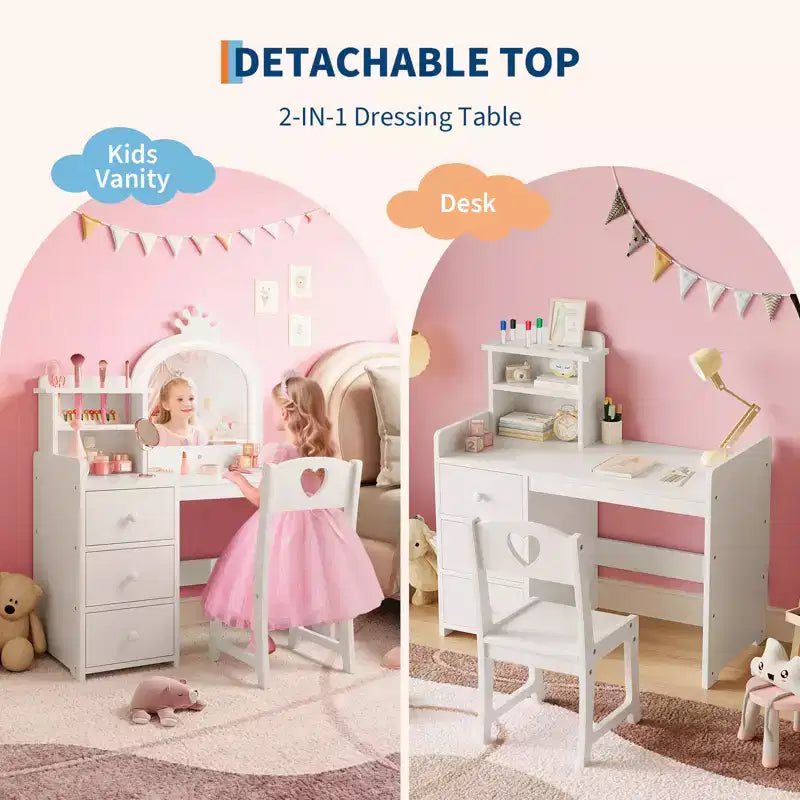 Tavolino da trucco e studio 2 in 1 per bambine con luci e specchio, set toletta in legno per bambini con ripiani, cassetti e sedia, perfetto per il travestimento