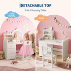 Tavolino da trucco e studio 2 in 1 per bambine con luci e specchio, set toletta in legno per bambini con ripiani, cassetti e sedia, perfetto per il travestimento