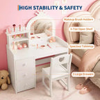 Tavolino da trucco e studio 2 in 1 per bambine con luci e specchio, set toletta in legno per bambini con ripiani, cassetti e sedia, perfetto per il travestimento