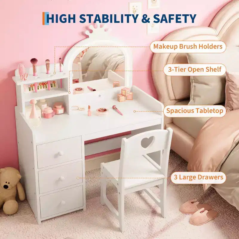 Tavolino da trucco e studio 2 in 1 per bambine con luci e specchio, set toletta in legno per bambini con ripiani, cassetti e sedia, perfetto per il travestimento