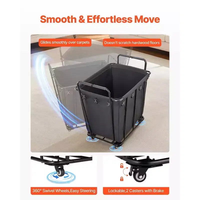 VEVOR Carrello Portabiancheria, Carrello Pieghevole Portaspesa con Fodera Impermeabile e Ruote Girevoli, Capacità di Carico Elevata di 118 kg, Cesto Portaspesa Resistente, Nero