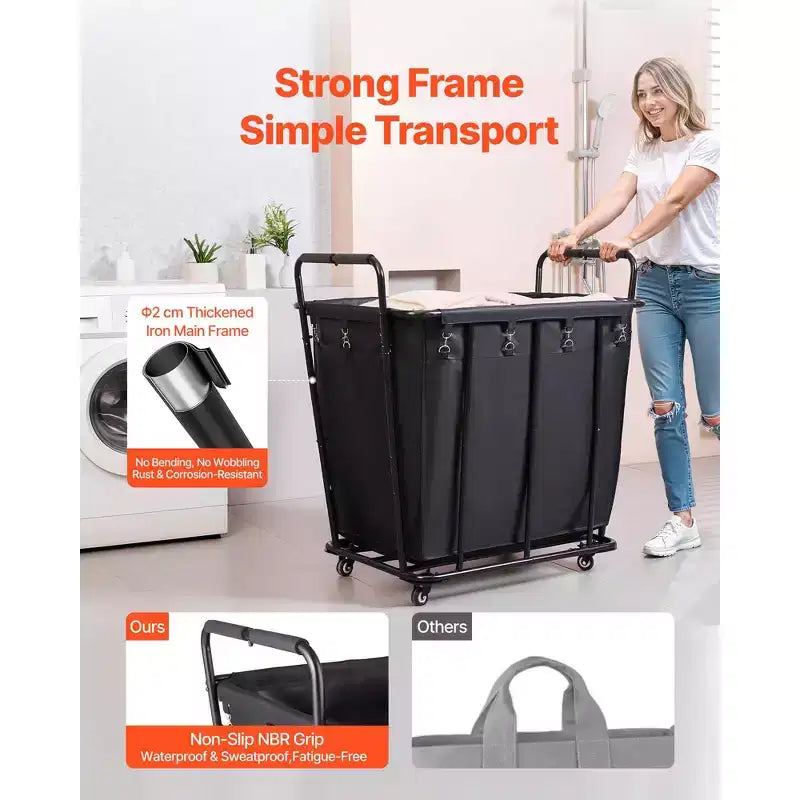 VEVOR Carrello Portabiancheria, Carrello Pieghevole Portaspesa con Fodera Impermeabile e Ruote Girevoli, Capacità di Carico Elevata di 118 kg, Cesto Portaspesa Resistente, Nero