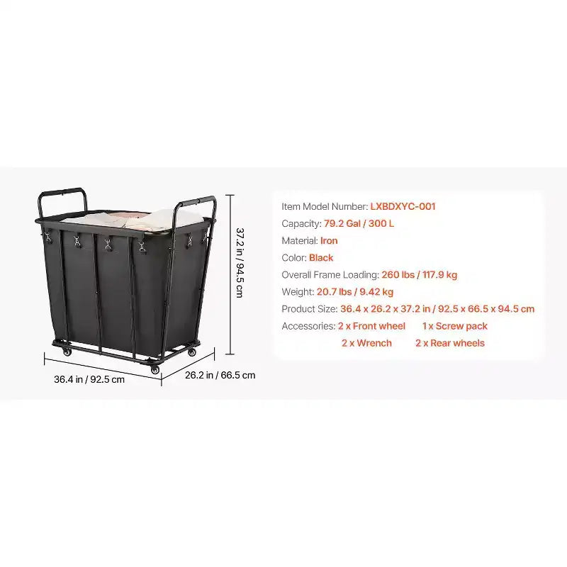 VEVOR Carrello Portabiancheria, Carrello Pieghevole Portaspesa con Fodera Impermeabile e Ruote Girevoli, Capacità di Carico Elevata di 118 kg, Cesto Portaspesa Resistente, Nero
