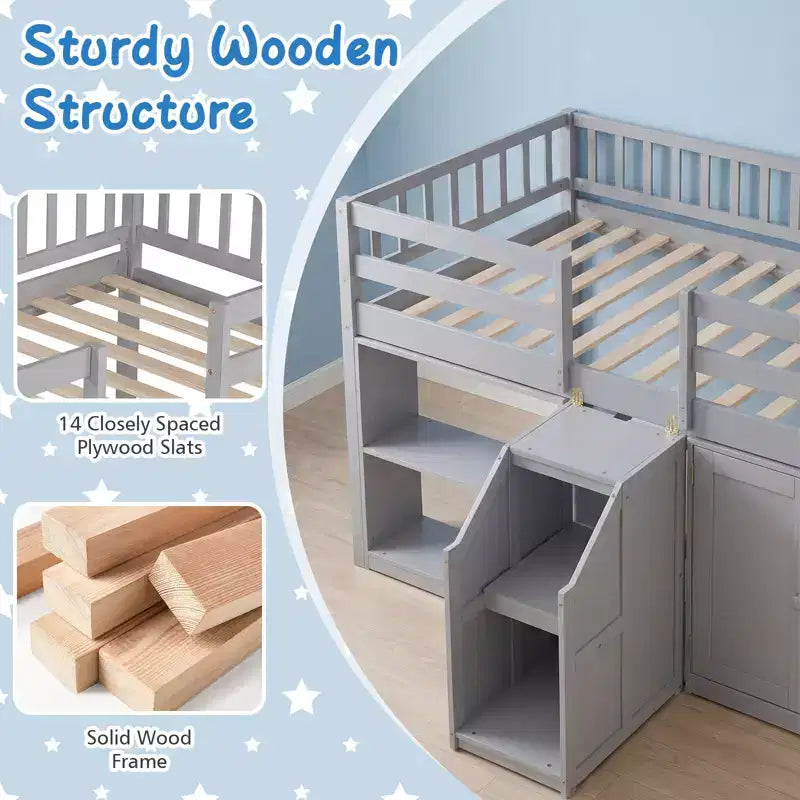 Costway Letto a soppalco basso con luce a LED, scale e ringhiere, letto singolo moderno in legno per bambini Bianco/Verde menta/Grigio