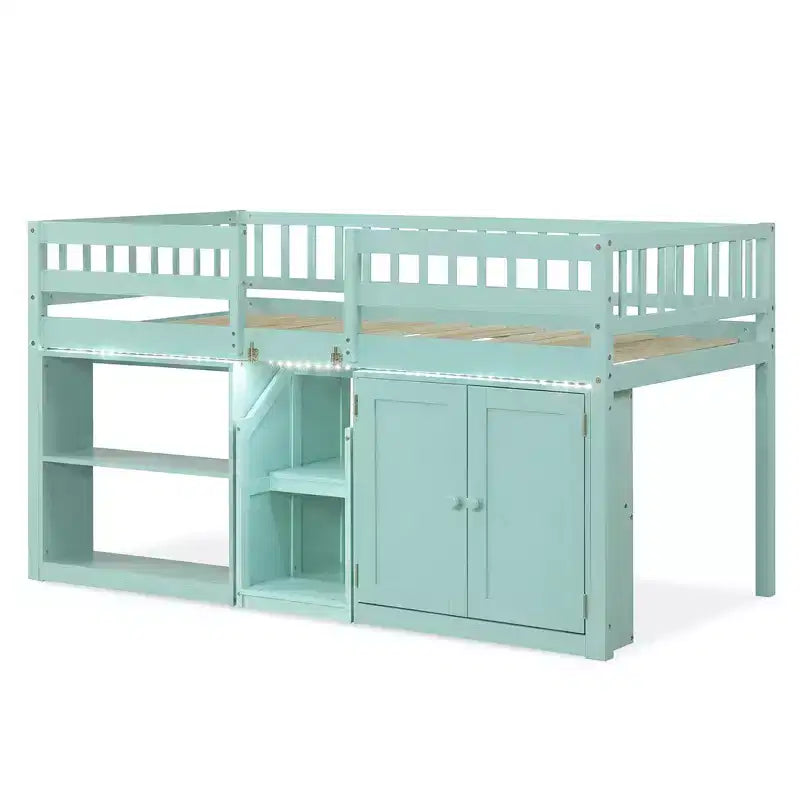 Costway Letto a soppalco basso con luce a LED, scale e ringhiere, letto singolo moderno in legno per bambini Bianco/Verde menta/Grigio