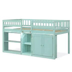 Costway Letto a soppalco basso con luce a LED, scale e ringhiere, letto singolo moderno in legno per bambini Bianco/Verde menta/Grigio