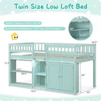 Costway Letto a soppalco basso con luce a LED, scale e ringhiere, letto singolo moderno in legno per bambini Bianco/Verde menta/Grigio