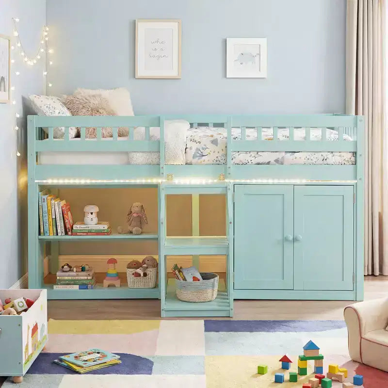 Costway Letto a soppalco basso con luce a LED, scale e ringhiere, letto singolo moderno in legno per bambini Bianco/Verde menta/Grigio