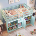 Costway Letto a soppalco basso con luce a LED, scale e ringhiere, letto singolo moderno in legno per bambini Bianco/Verde menta/Grigio