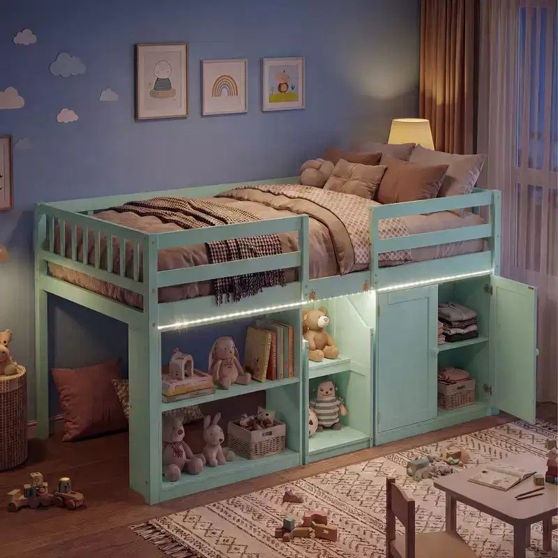 Costway Letto a soppalco basso con luce a LED, scale e ringhiere, letto singolo moderno in legno per bambini Bianco/Verde menta/Grigio