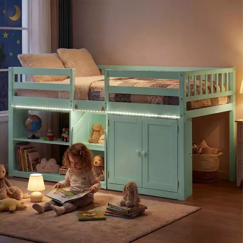 Costway Letto a soppalco basso con luce a LED, scale e ringhiere, letto singolo moderno in legno per bambini Bianco/Verde menta/Grigio