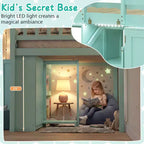 Costway Letto a soppalco basso con luce a LED, scale e ringhiere, letto singolo moderno in legno per bambini Bianco/Verde menta/Grigio