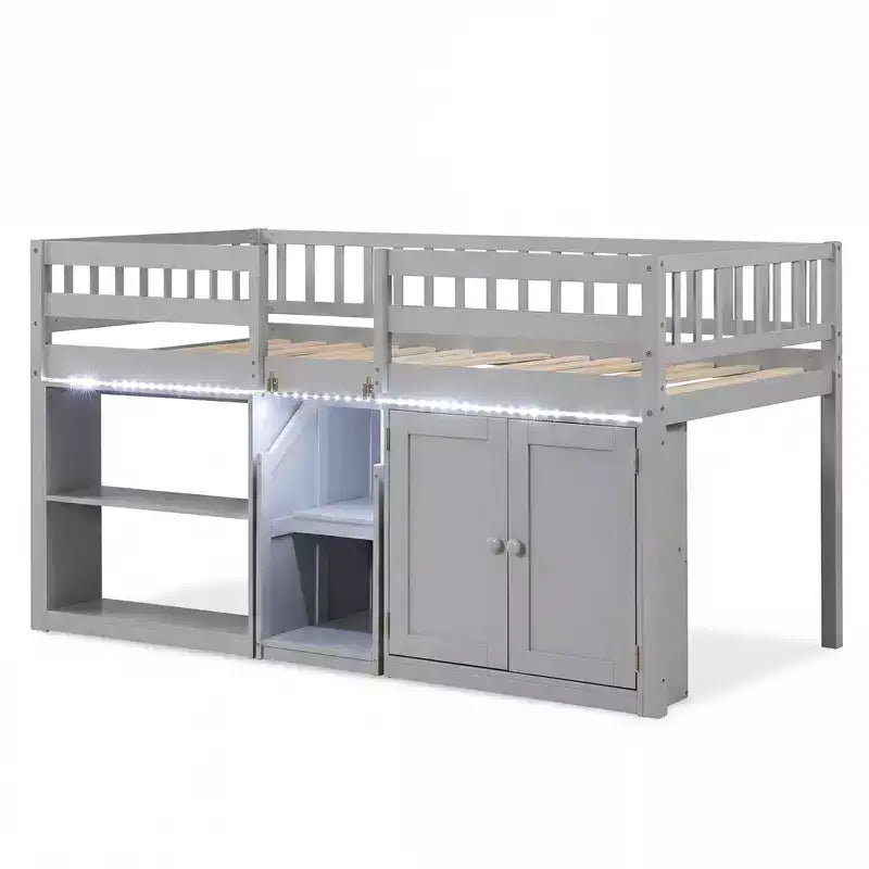 Costway Letto a soppalco basso con luce a LED, scale e ringhiere, letto singolo moderno in legno per bambini Bianco/Verde menta/Grigio