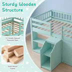 Costway Letto a soppalco basso con luce a LED, scale e ringhiere, letto singolo moderno in legno per bambini Bianco/Verde menta/Grigio