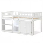 Costway Letto a soppalco basso con luce a LED, scale e ringhiere, letto singolo moderno in legno per bambini Bianco/Verde menta/Grigio