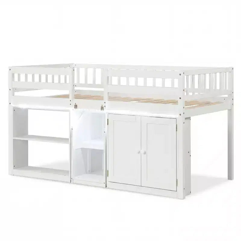 Costway Letto a soppalco basso con luce a LED, scale e ringhiere, letto singolo moderno in legno per bambini Bianco/Verde menta/Grigio