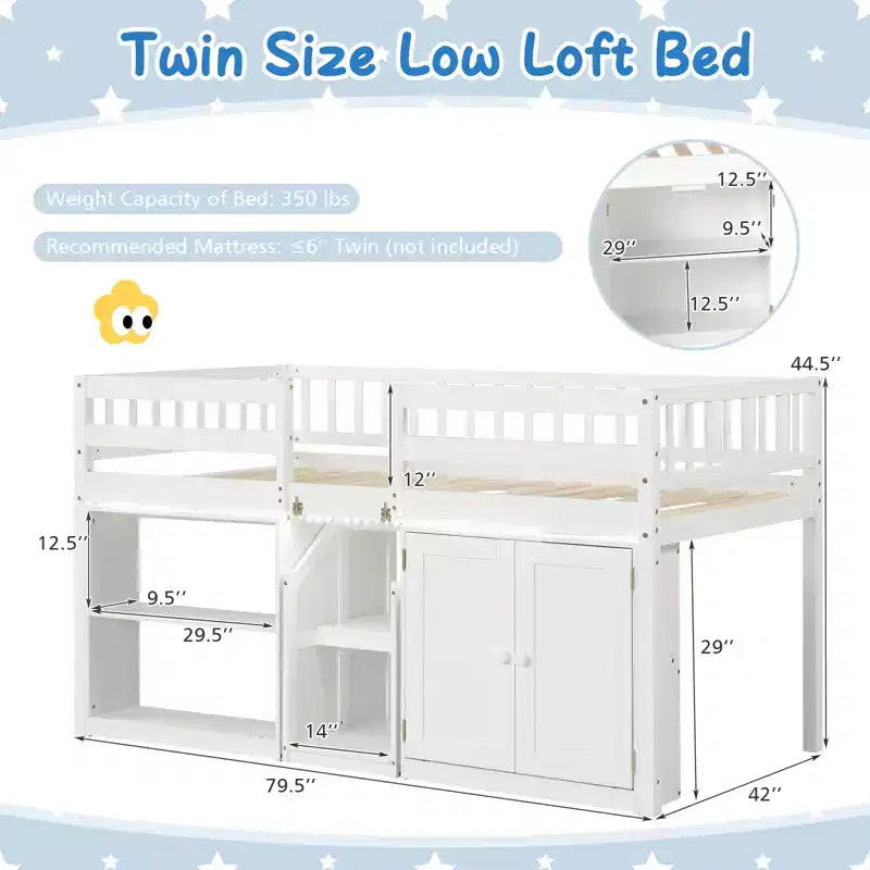 Costway Letto a soppalco basso con luce a LED, scale e ringhiere, letto singolo moderno in legno per bambini Bianco/Verde menta/Grigio