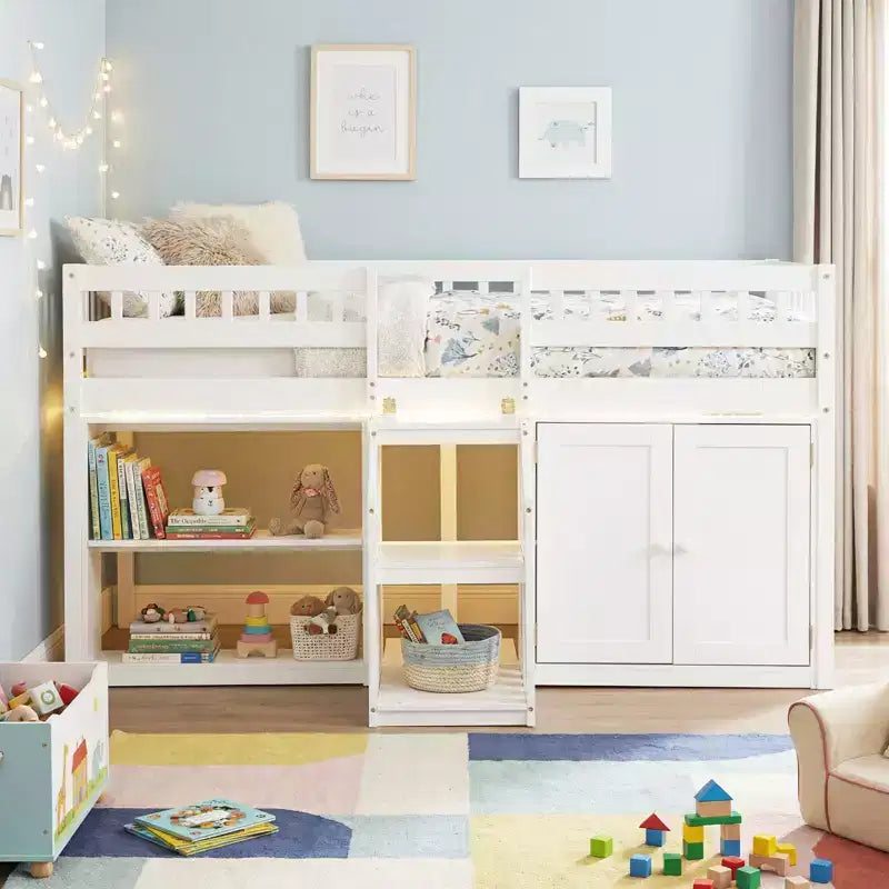 Costway Letto a soppalco basso con luce a LED, scale e ringhiere, letto singolo moderno in legno per bambini Bianco/Verde menta/Grigio