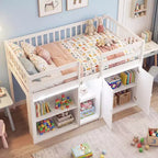 Costway Letto a soppalco basso con luce a LED, scale e ringhiere, letto singolo moderno in legno per bambini Bianco/Verde menta/Grigio