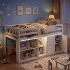 Costway Letto a soppalco basso con luce a LED, scale e ringhiere, letto singolo moderno in legno per bambini Bianco/Verde menta/Grigio